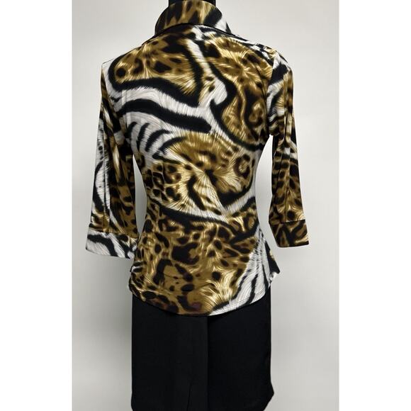 VTG 90s Top Womens Leopard Print Animal Cheetah Medium V-neck 70s Style Collar - Picture 4 of 15